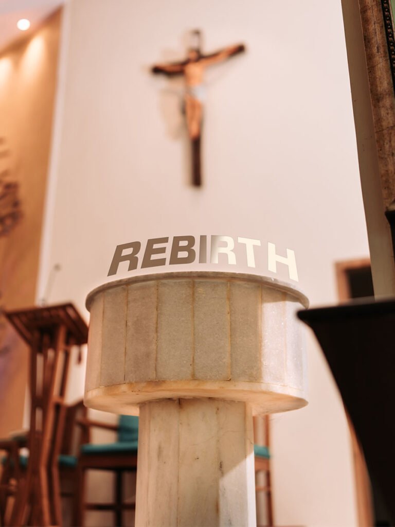 Beautiful baptismal font at the altar of a historic church