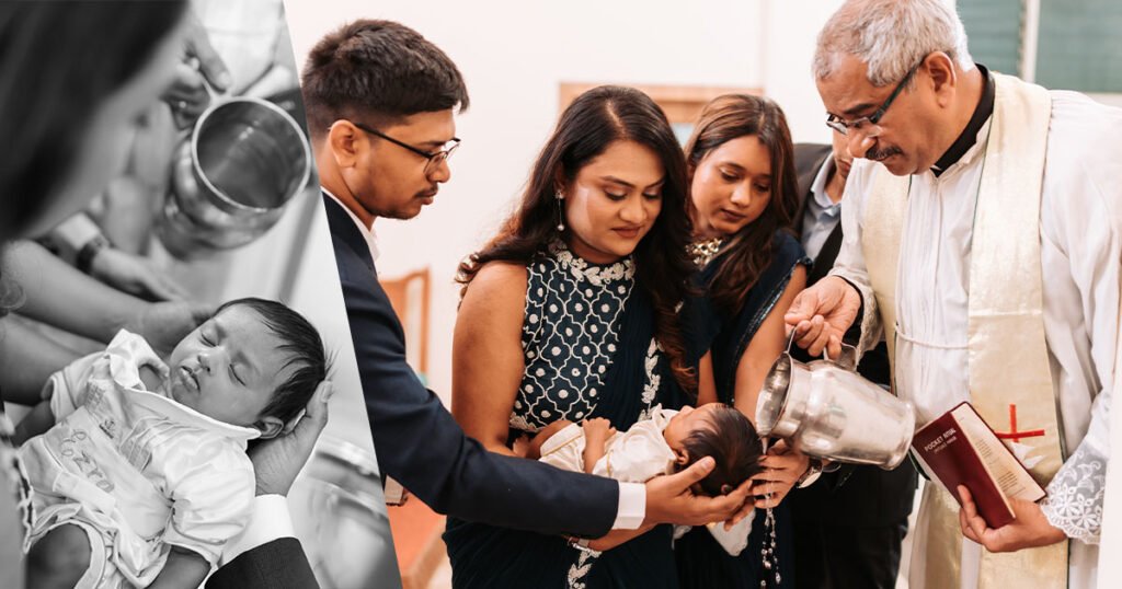 A spectacular framing of an image in which a newborn baby receiving baptism in Pune, Mumbai.