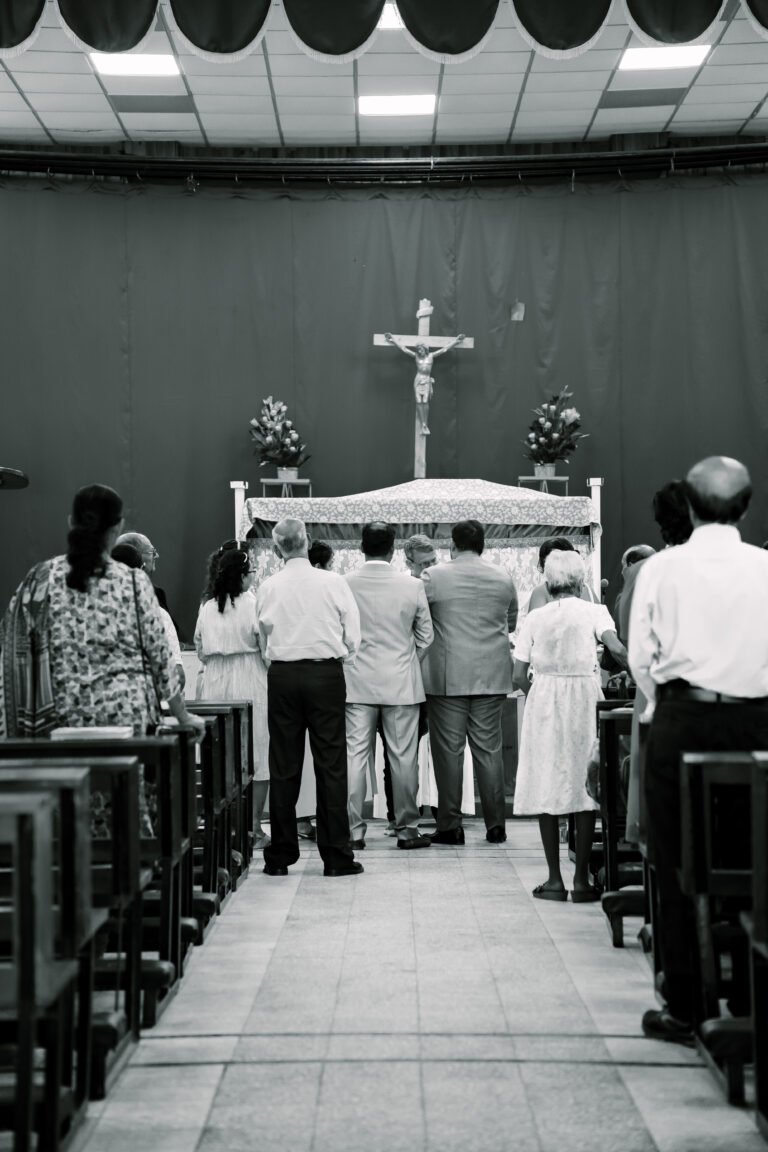 A monochrome image of the church altar