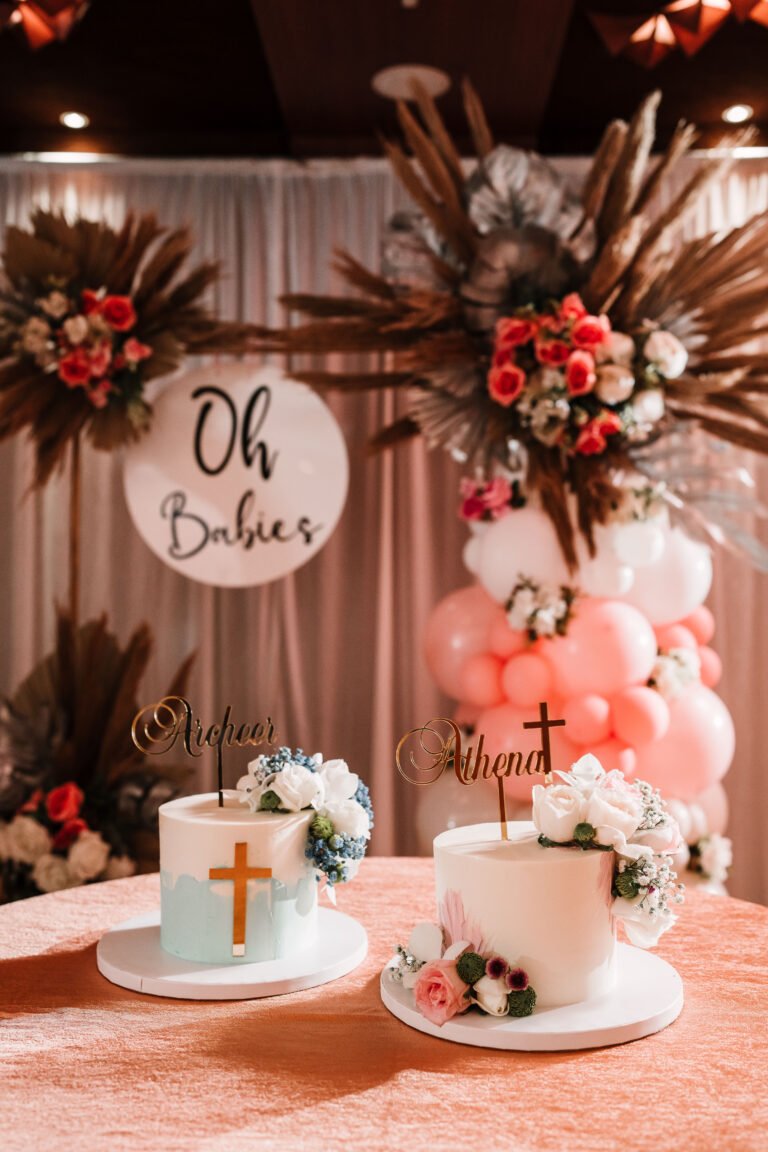 A beautifully decorated baptism reception stage in bohemian theme