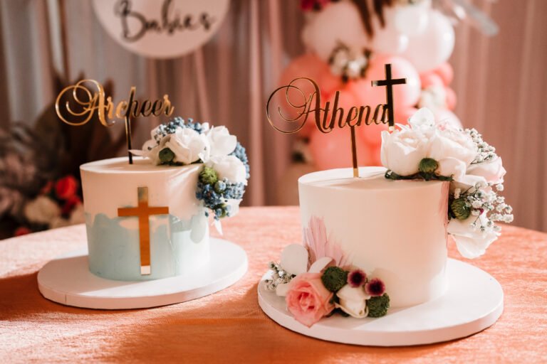 Well-decorated baptism cake, perfect for photographers for reference in cake photography, elegant christening dessert