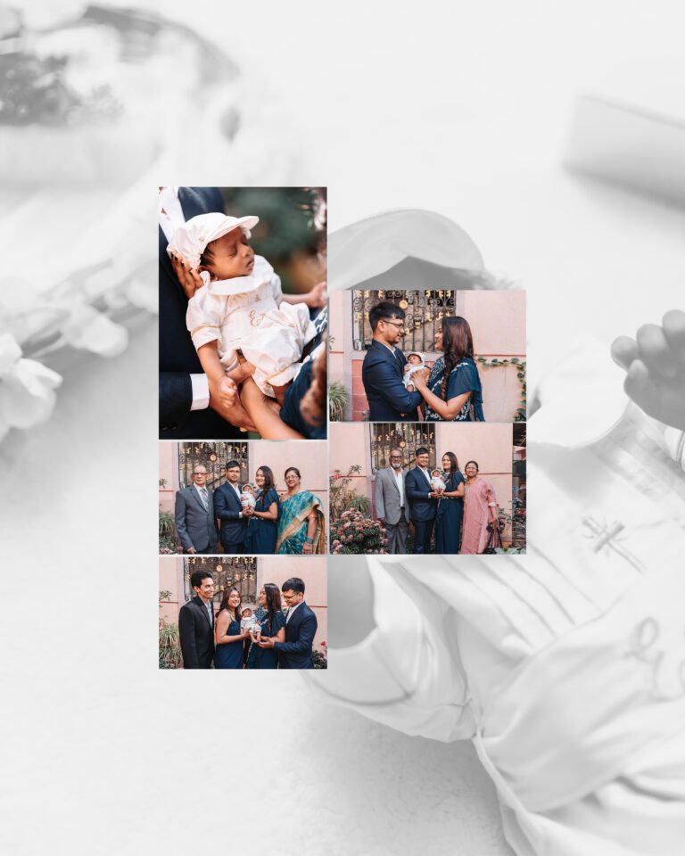 Collage of a family photo session on a baptism day