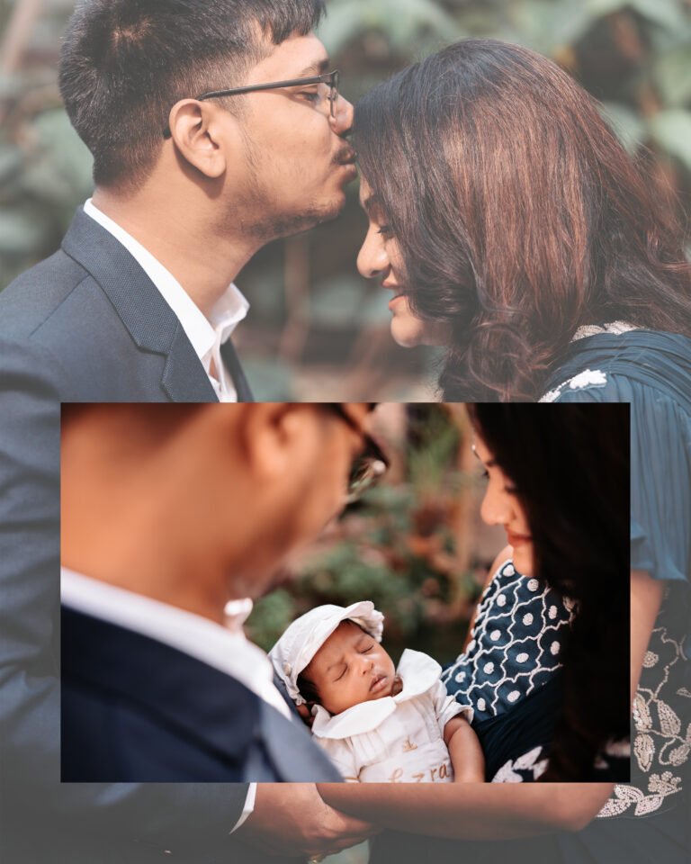 A photo collage of a couple with their baby