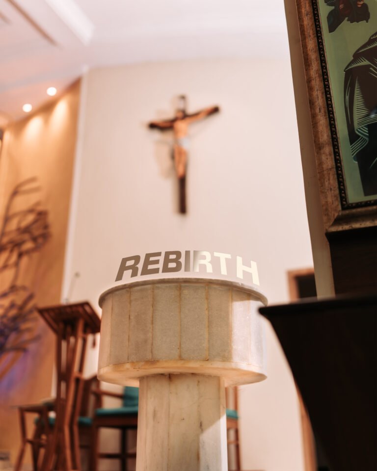 Beautiful baptismal font at the altar of a historic church