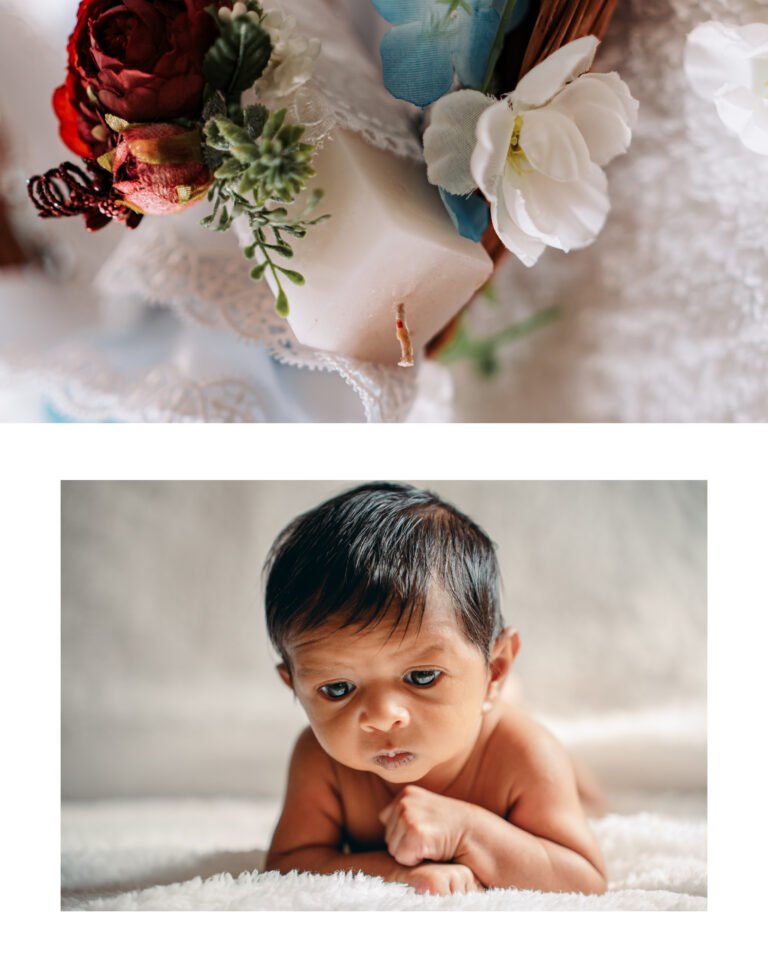 A photo collage of a baby on his tummy