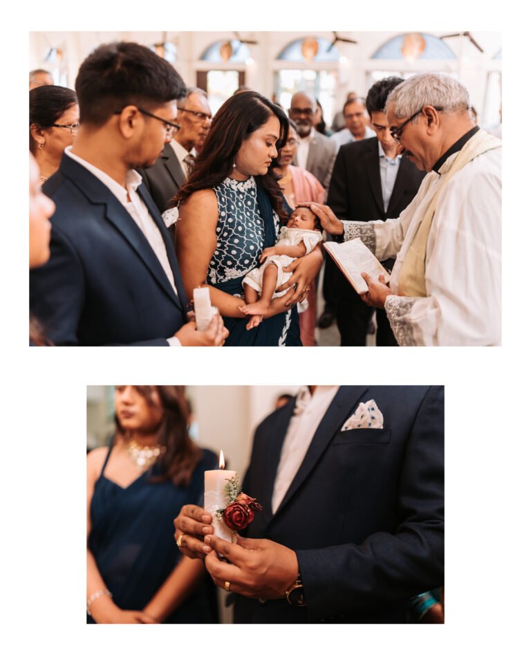 Collage of a priest blessing the newborn baby during the baptism ceremony