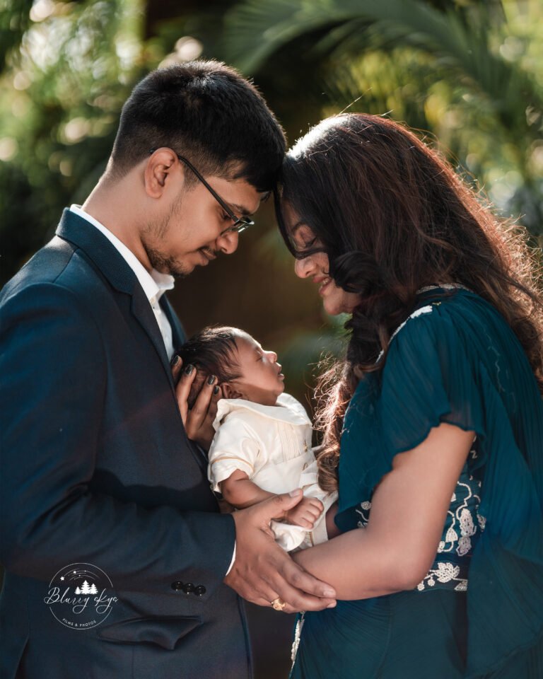 Couple posing ideas with newborn on baptism day